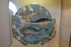 Glass panel featuring fish in the Museo della Città. Found in the triclinium of the Domus del Chirurgo.