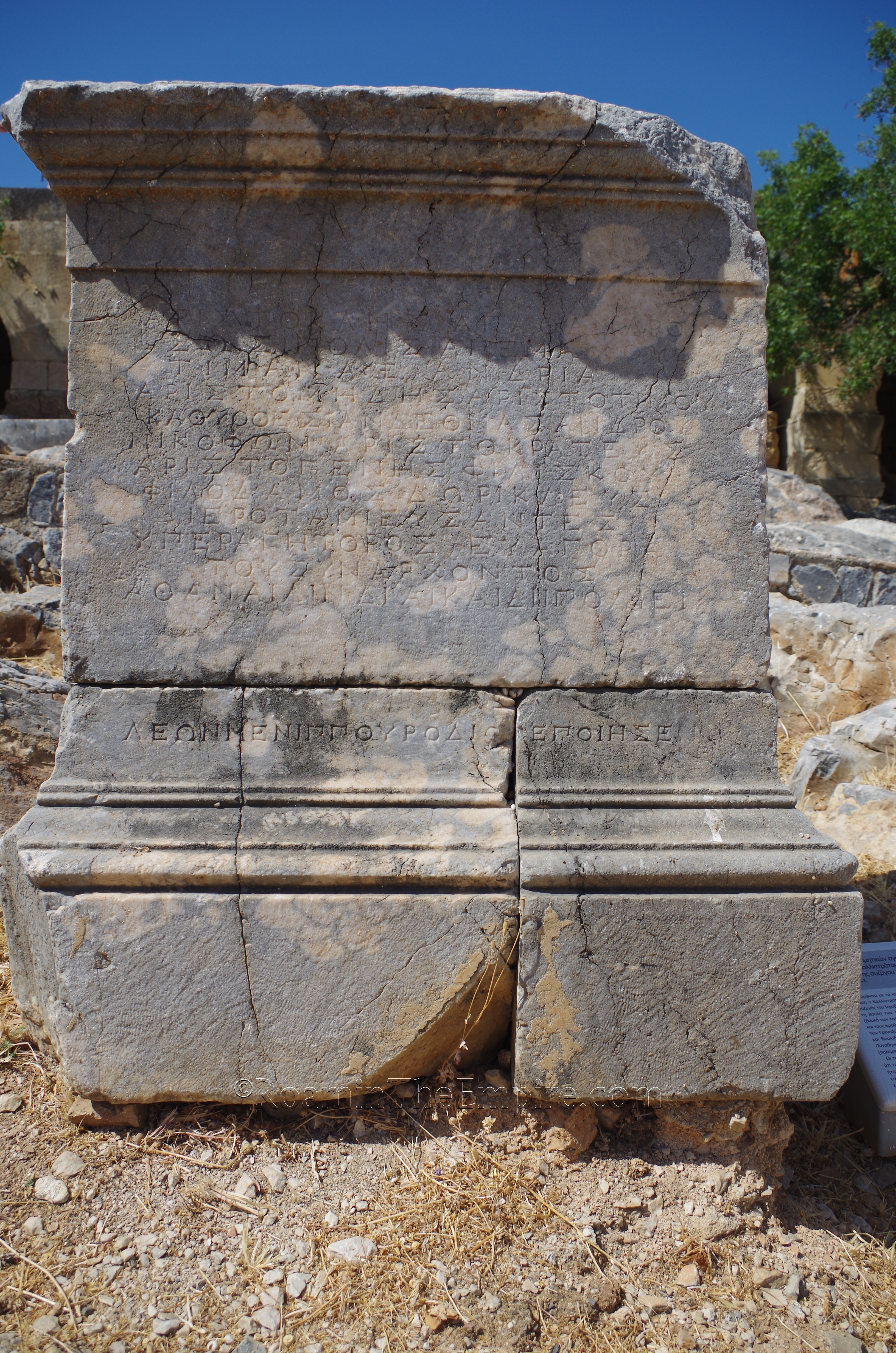 Honorific base on the lower acropolis dedicated to Kallistratos, priest of Athena Lindia, and his wife Hieroboula by a number of entities in Lindus. The inscription also lists other honorific gifts bestowed upon the couple. Dated to 23 CE.