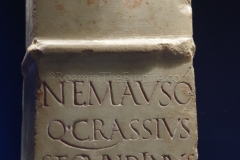 Altar dedicated to Nemausus by the quaestor of the city, Quintus Crassius Secundius. Found near the Nemausus spring. Displayed in the Musée de la Romanité.