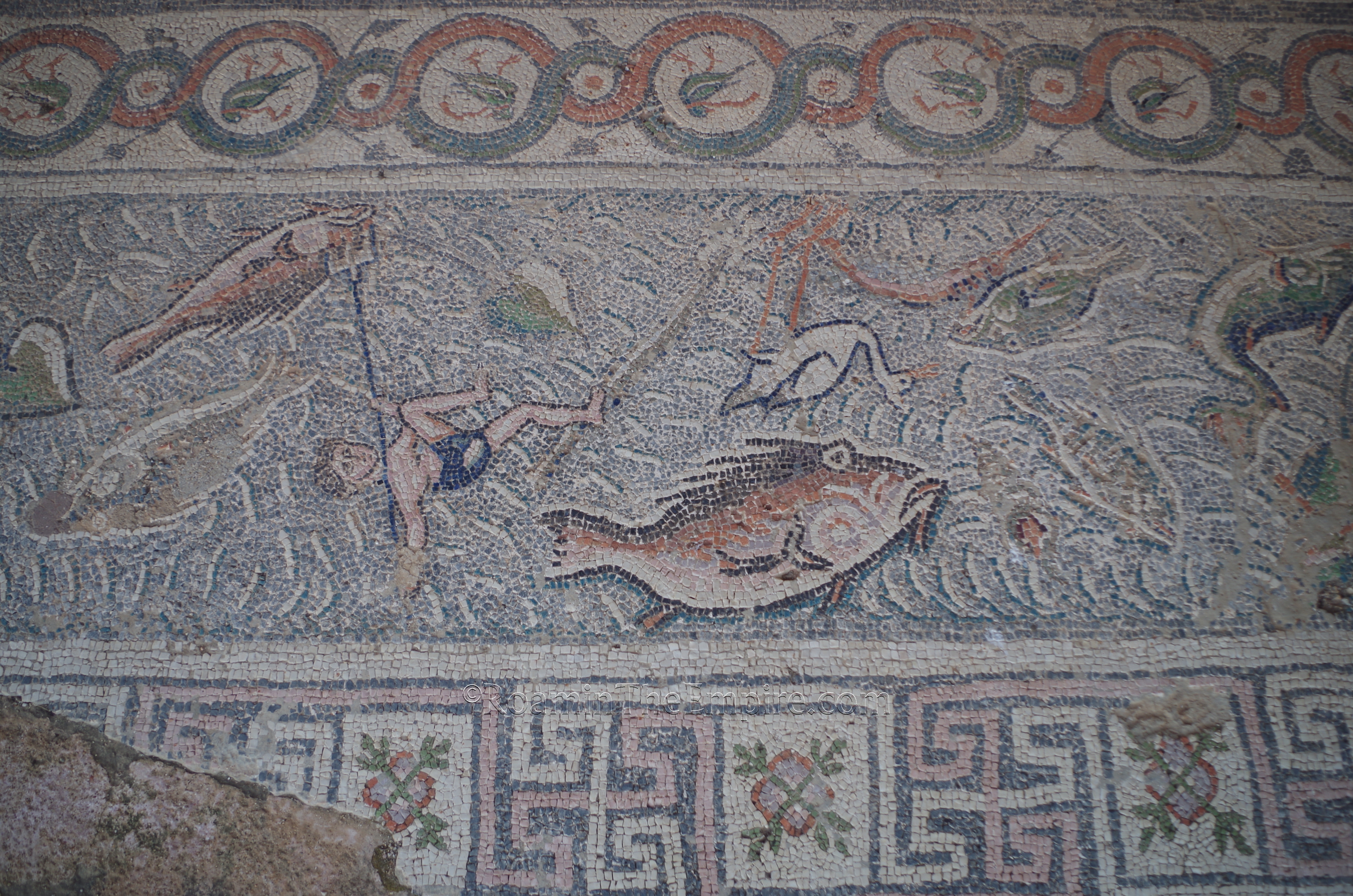 Detail of the fishing scenes border of the mosaic from the south pastophorion  of Basilica A.