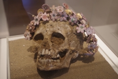 Skull with terracotta and gilt flower wreath. From the north cemetery of Patras and dated to the 4th or 3rd century BCE. Archaeological Museum of Patras.