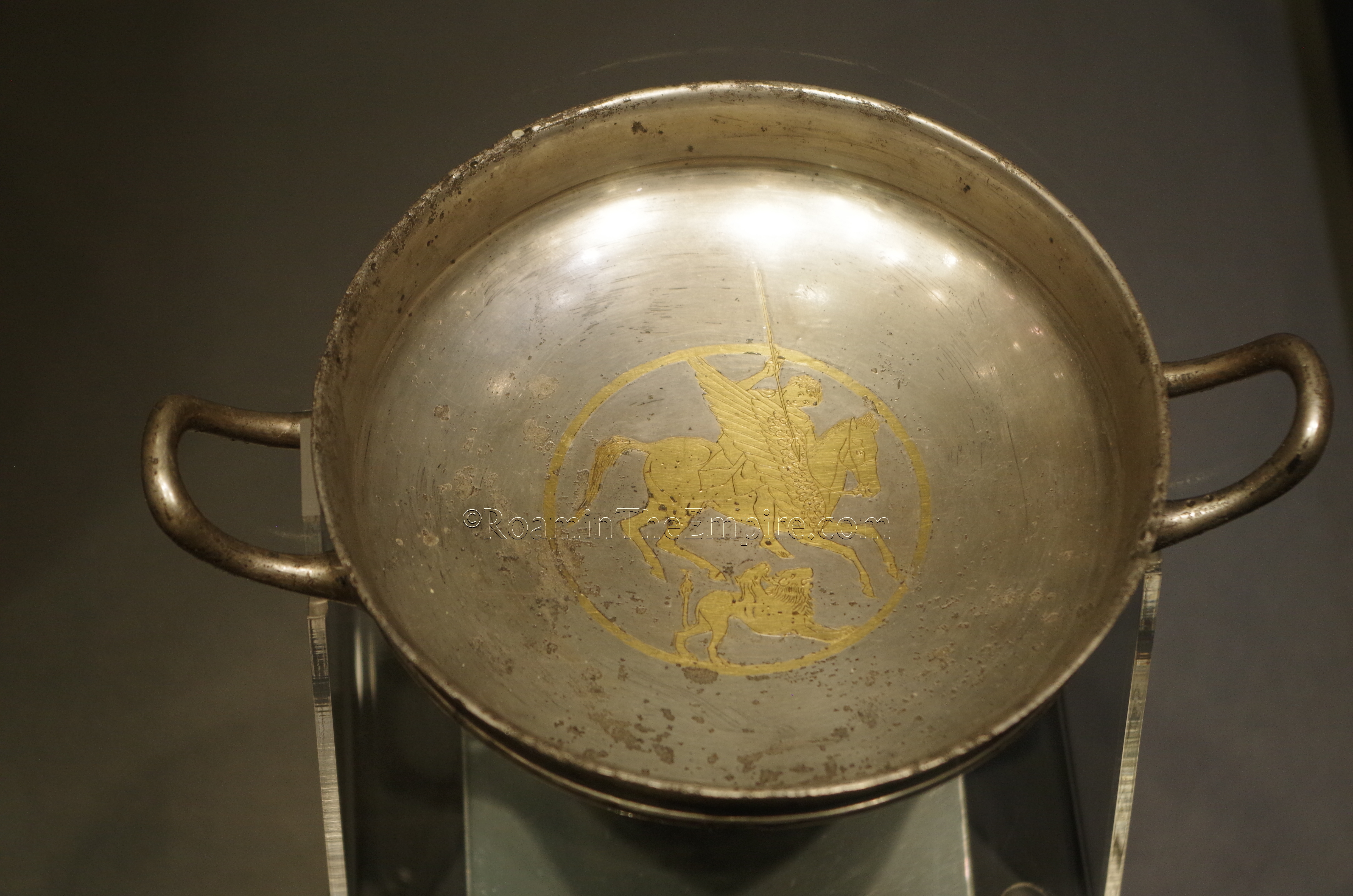 Silver and gilt kylix with Bellerophon atop Pegasus, fighting the Chimera. From a 5th century BCE Thracian tomb at Chernozem. Regional Archaeological Museum.