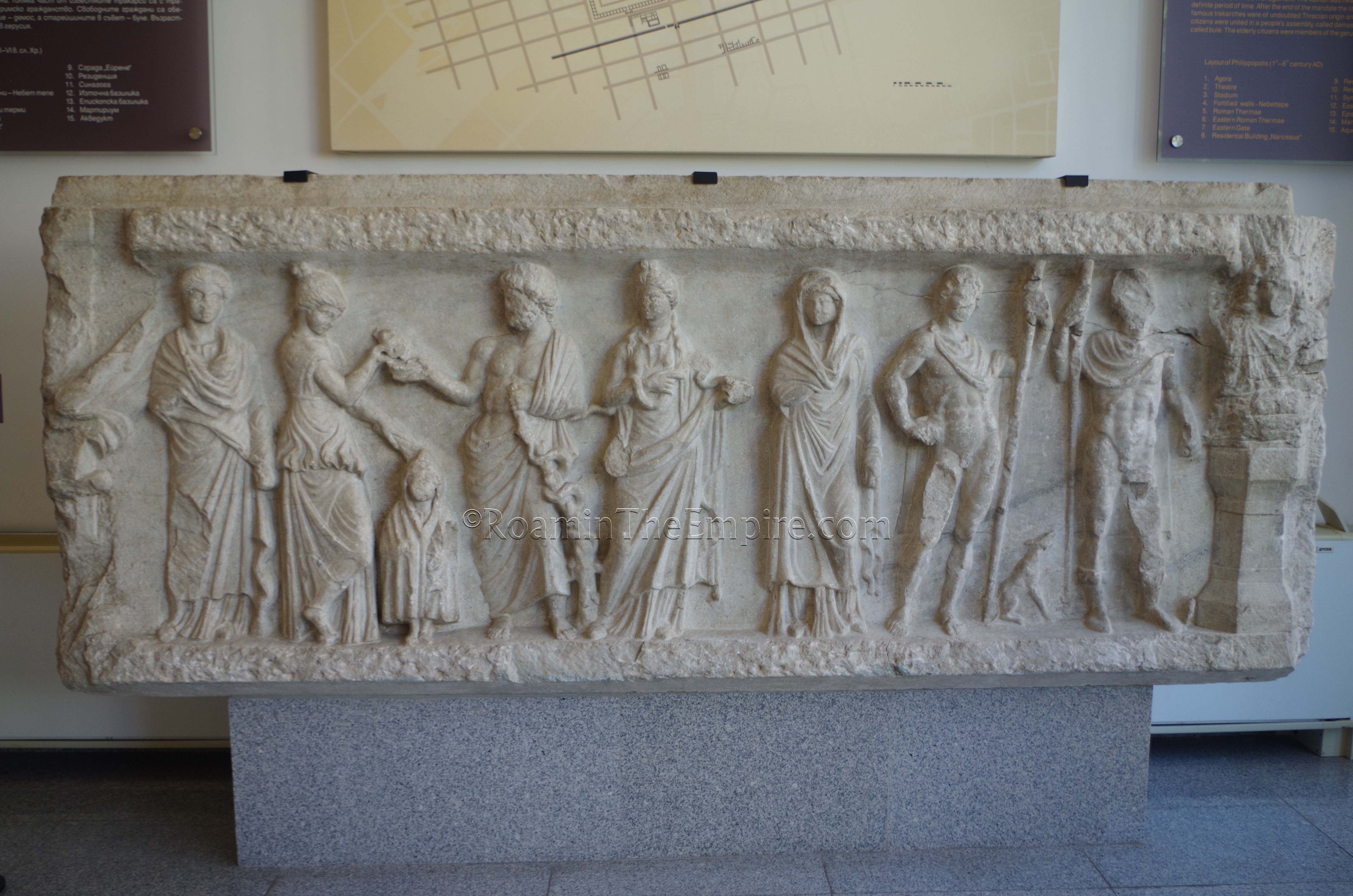 Frieze from a temple of health gods depicting Iaso, Panacea, Telesphorus, Asclepius, Hygieia, Epione, Machaon, and Podalirius. Found at Tsar Shishman Square in Plovdiv and dated to the 3rd century CE. Regional Archaeological Museum.
