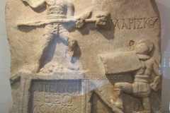 Relief depicting two gladiators, the retiarius Agorakritos and the secutor Mariskos. From Turkey, dated to the 2nd or 3rd century CE. Museo d’Antichità.