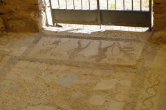 Mosaic of fighters in the apodyterium of the bathing complex.