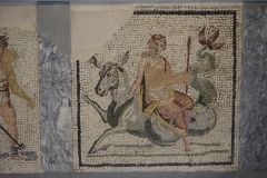 Detail of the gladiator mosaic in the Museo Archeologico al Teatro Romano. A Nereid rides a sea horse.
