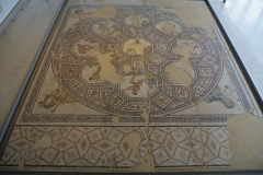 Mosaic of athletes with Hercules and the Nemean Lion in the central panel. Displayed in the Musée Gallo Romain.