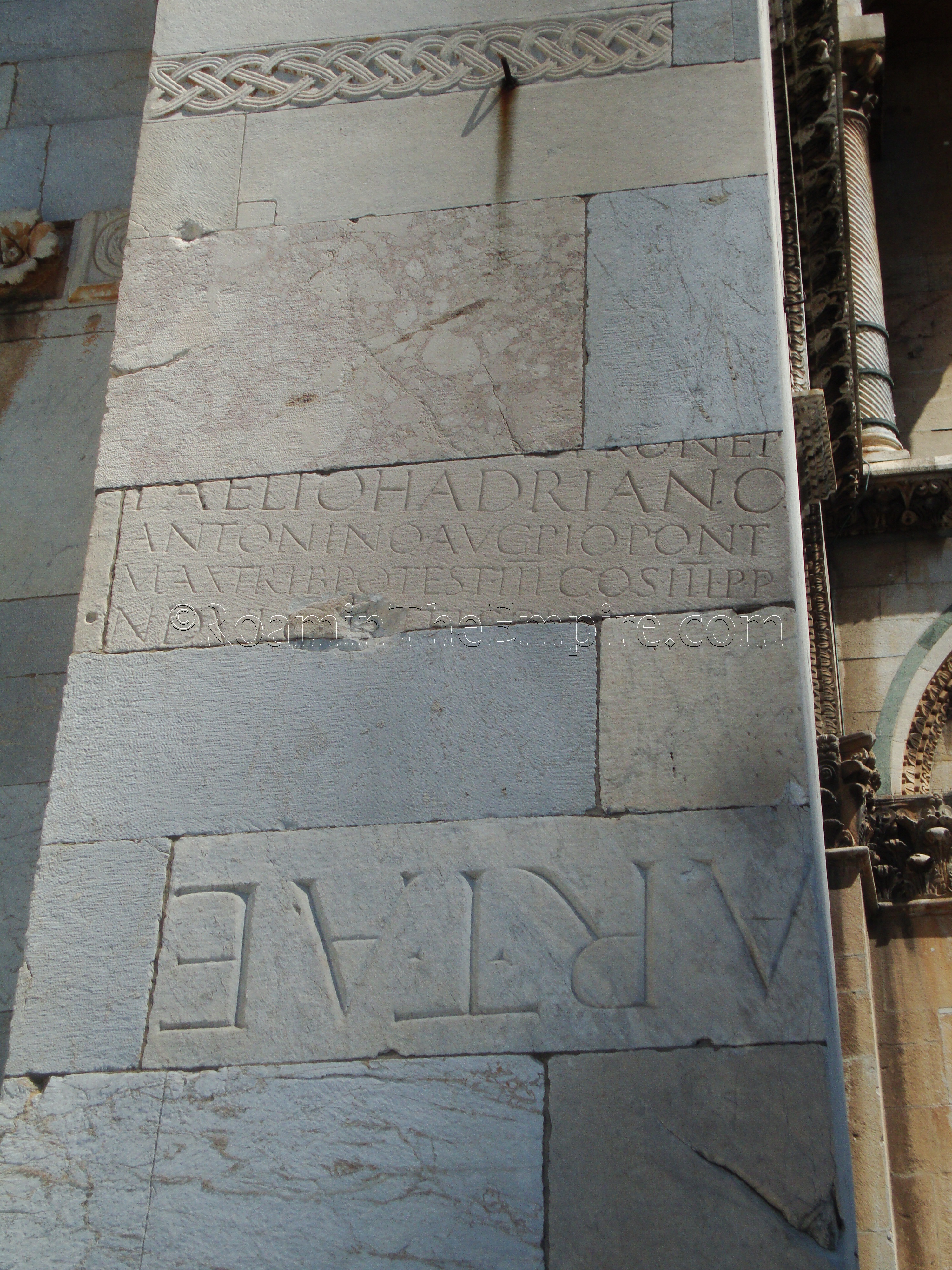 Inscribed marble slabs used in the facade of the cathedral. Pisae.