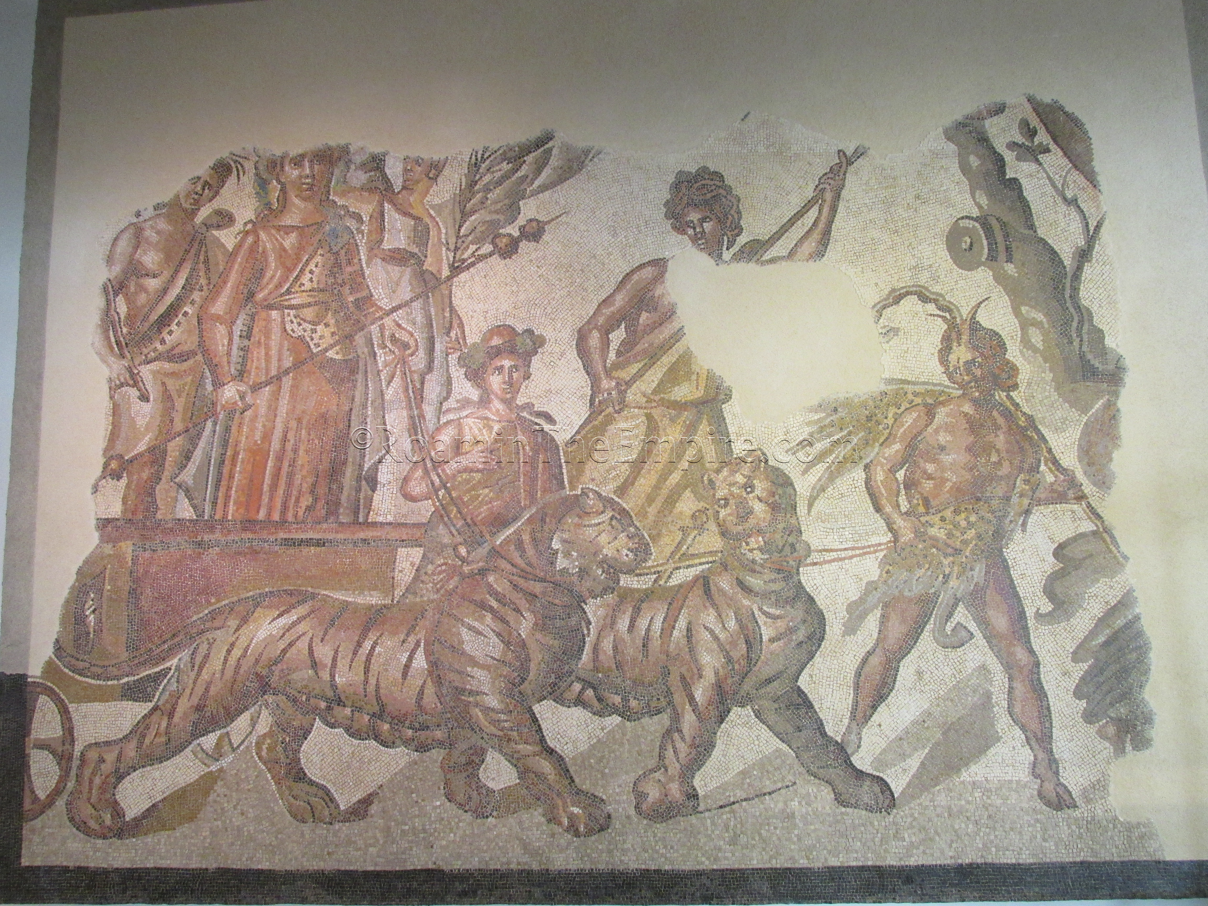 Mosaic depicting the triumphal entry of Bacchus. Dated to the 2nd century CE. Found at Caesaraugusta (modern-day Zaragoza). Madrid.