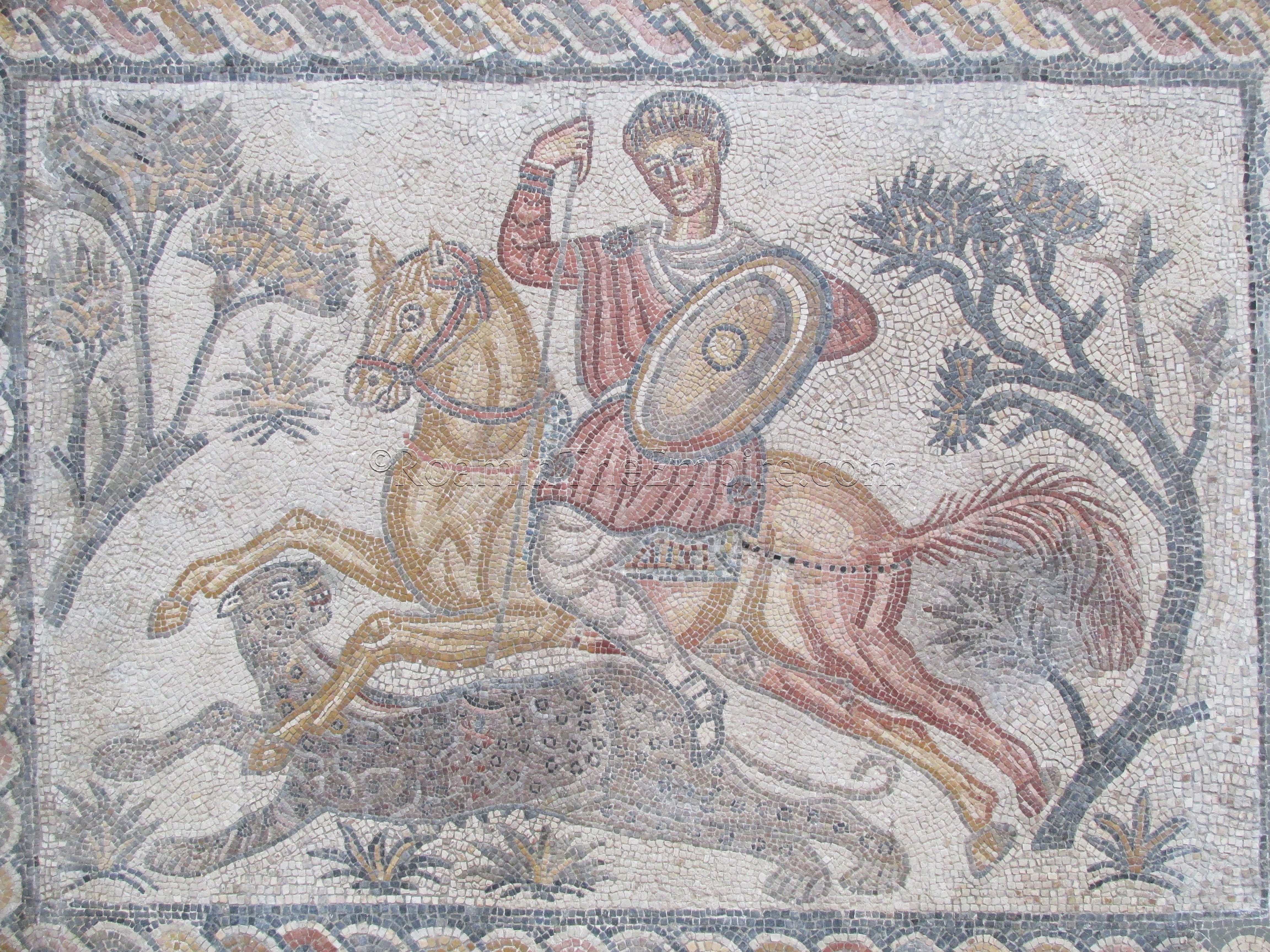 Mosaic of a hunter with a mosaic, from the Las Tiendas villa, dated to the 4th century CE. Augusta Emerita.
