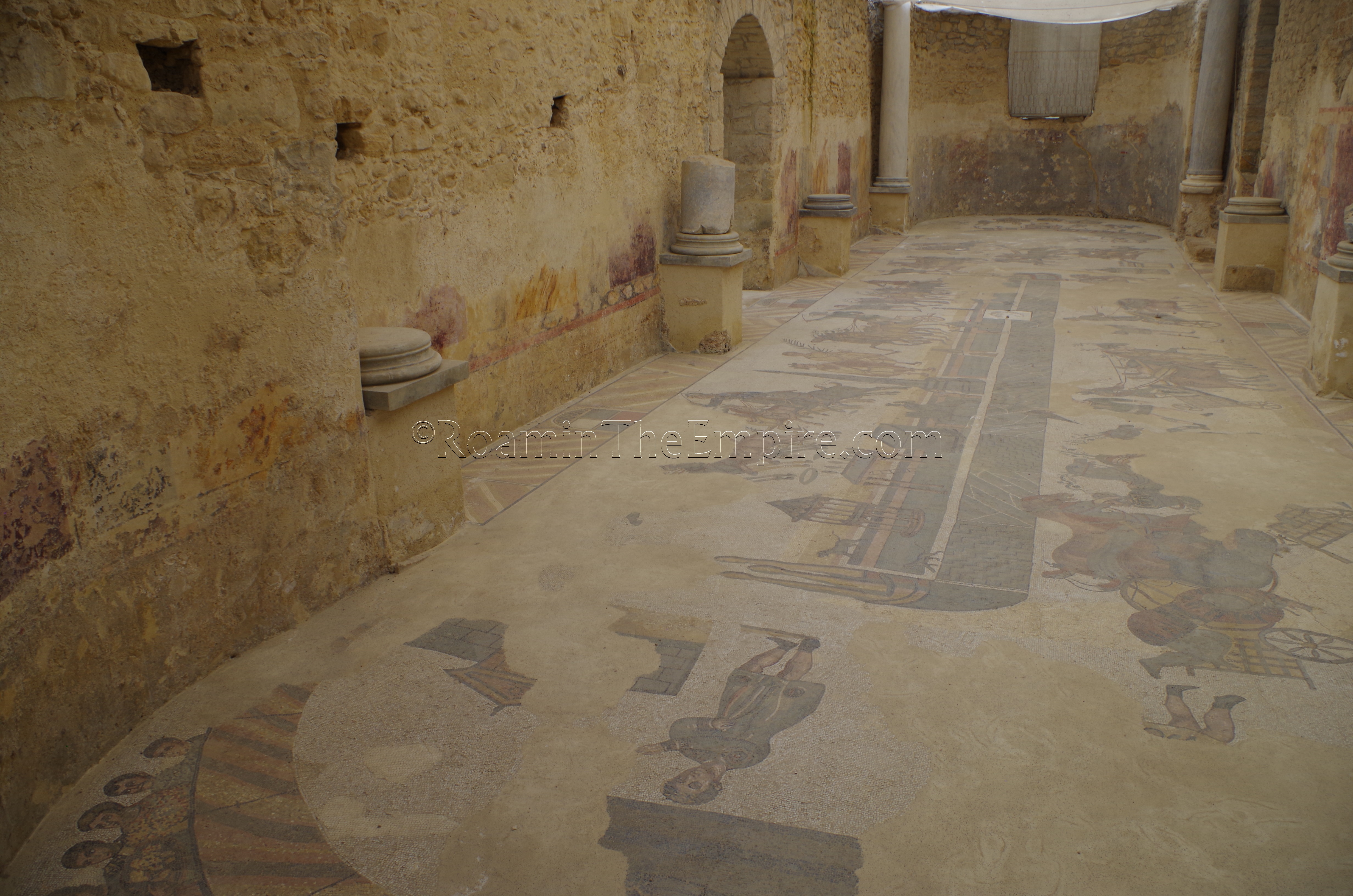 The Circus Maximus mosaic from the two-apse room in the villa's bathing complex.