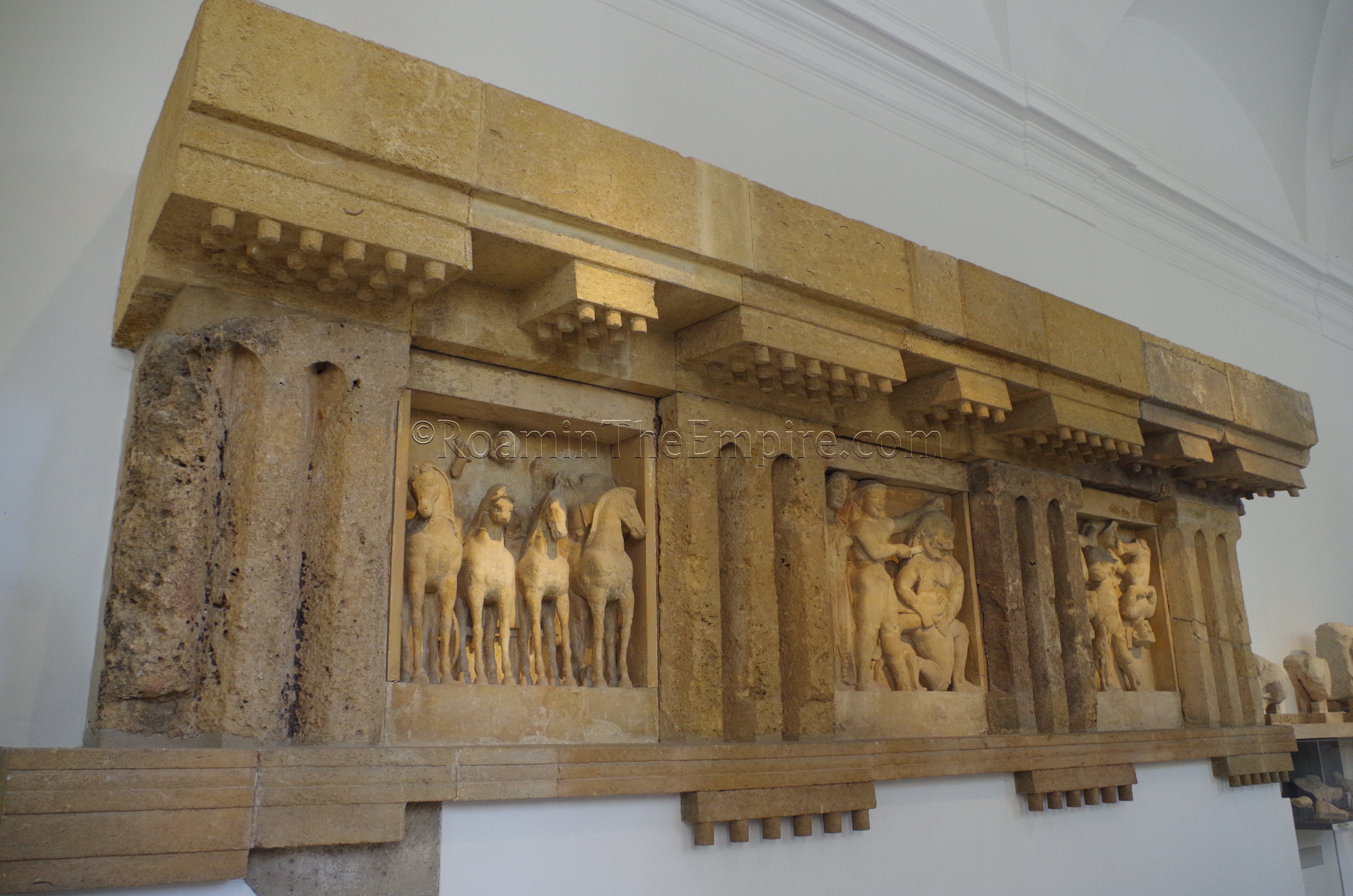 Metopes and reconstruction from Temple C at Selunite. Panormus. Palermo.