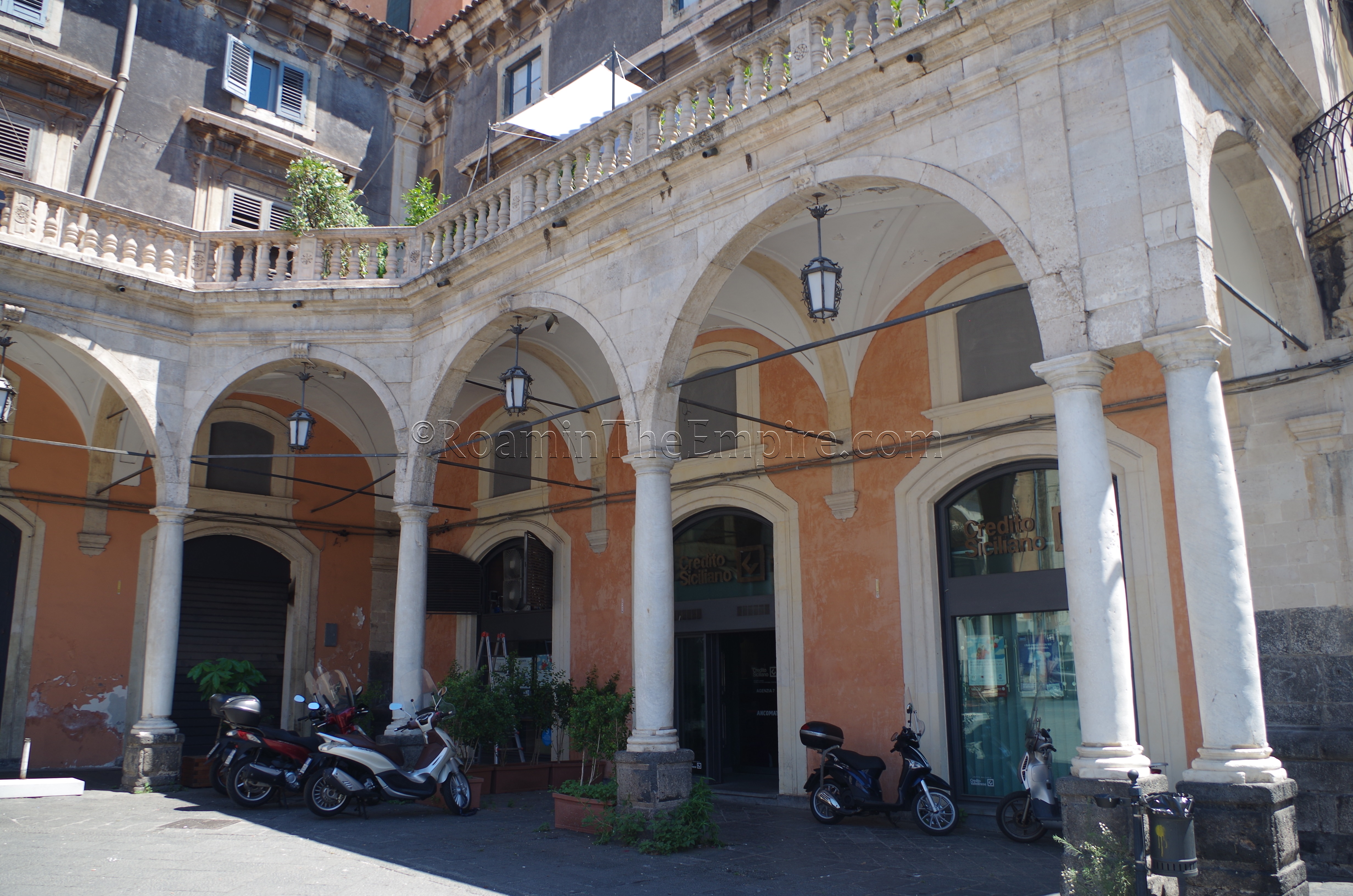 Columns of Piazza Giuseppe Mazzini. Catana. Catania.