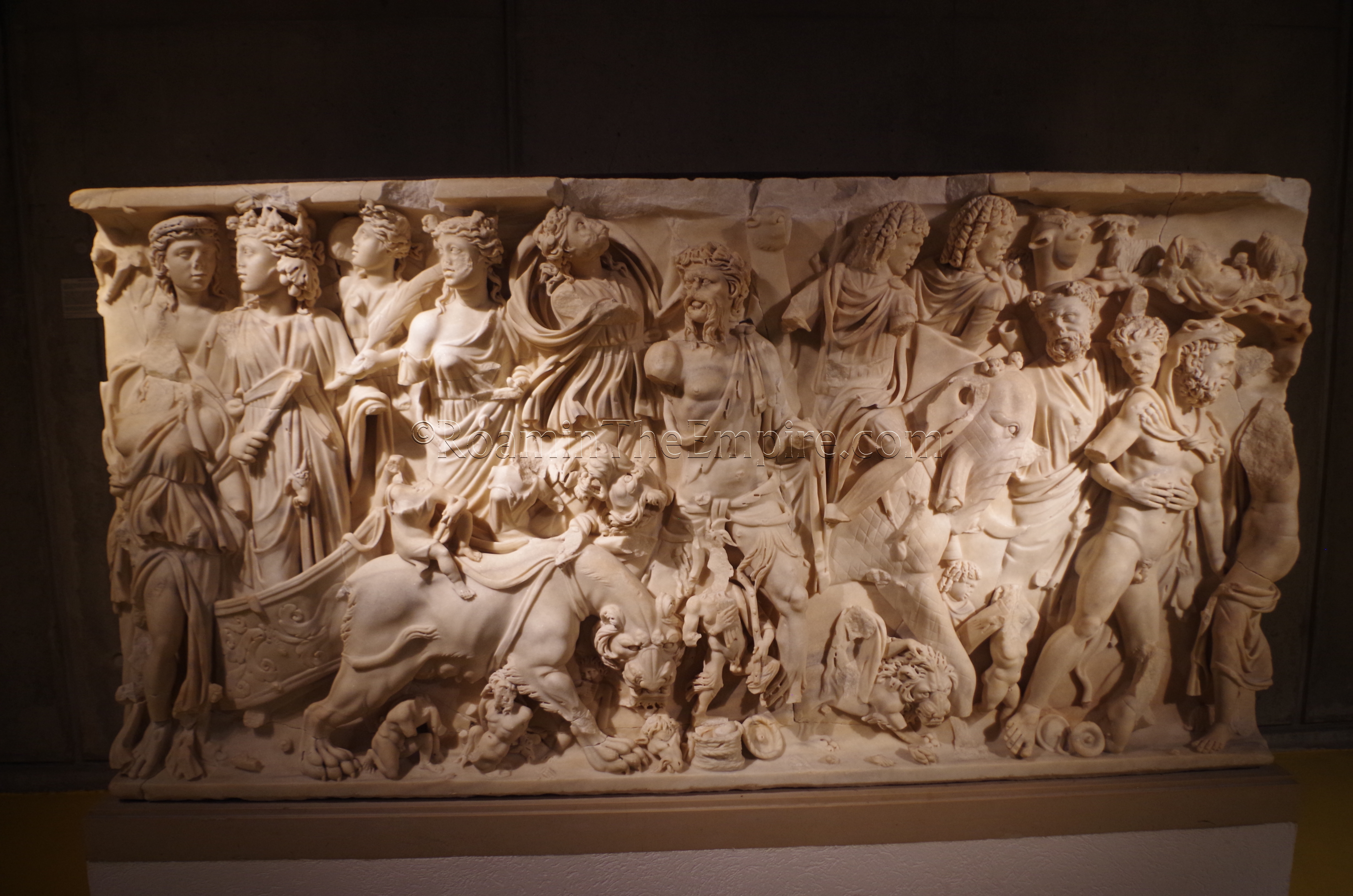 Sarcophagus depicting the triumph of Dionysus in India. Probably produced in Rome in the 3rd century CE and found in the Saint-Irénée area of Lyon. Lugdunum.