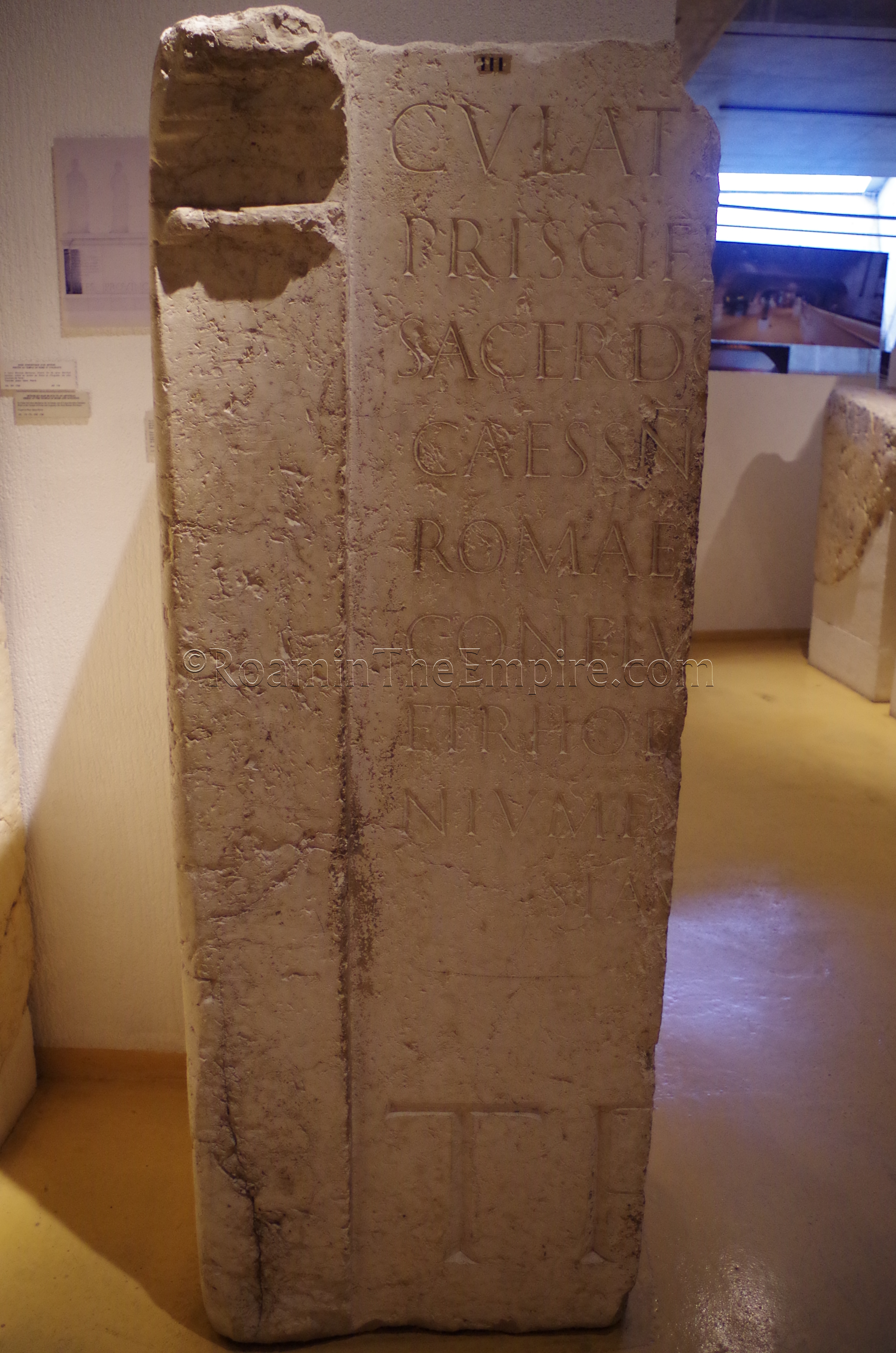 Honorific inscription to Gaius Ulattius, the first Segusiavi priest of the cult of Roma and Augustus at the Sanctuary of the Three Gauls. Displayed in the Musée Gallo-Romain de Lyon-Fourvière. Lugdunum.