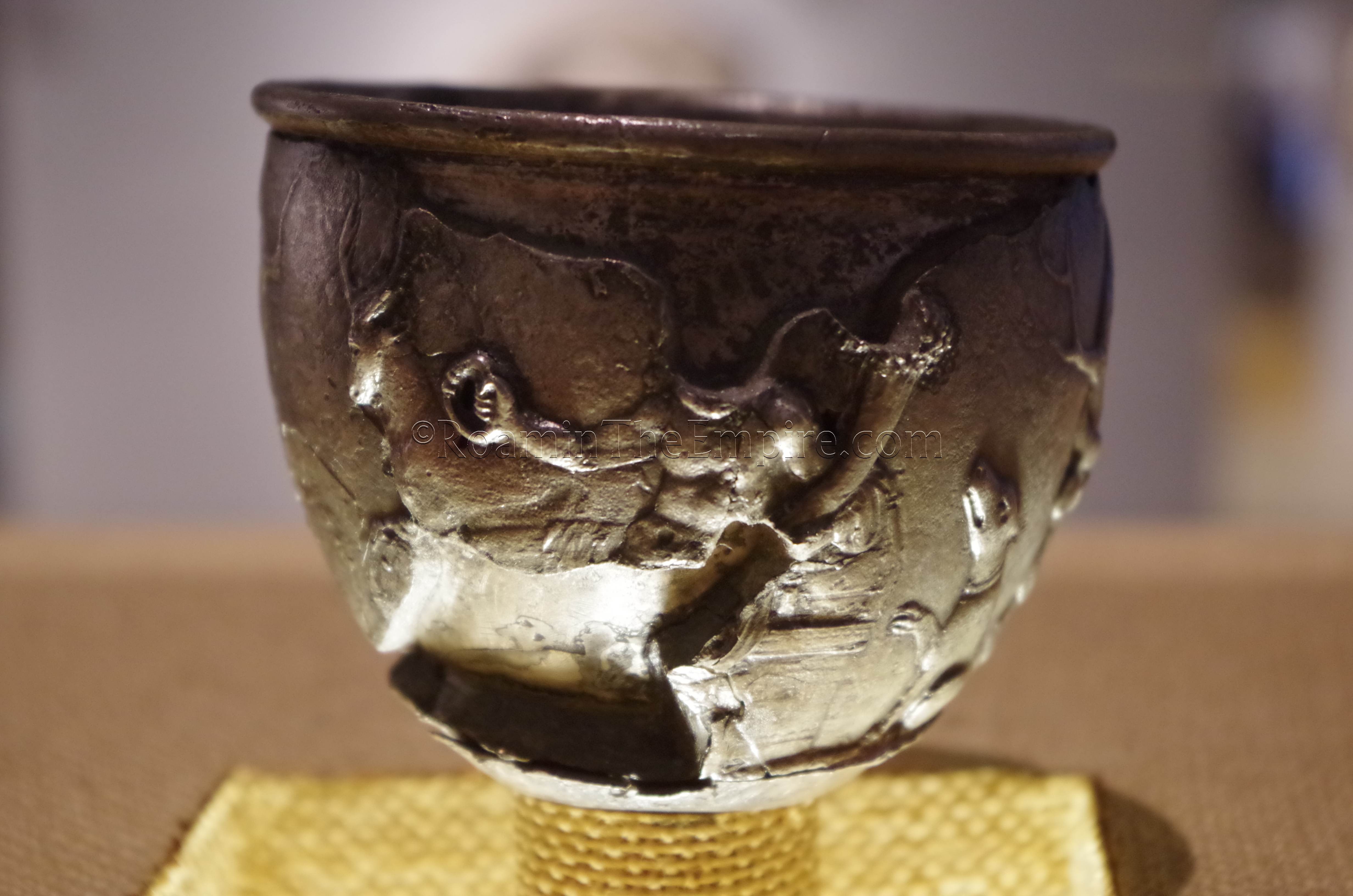Silver goblet with depictions of Gallic gods; this face displaying Cernunnos. Produced in Lugdunum in the second half of the 1st century CE. Lyon.