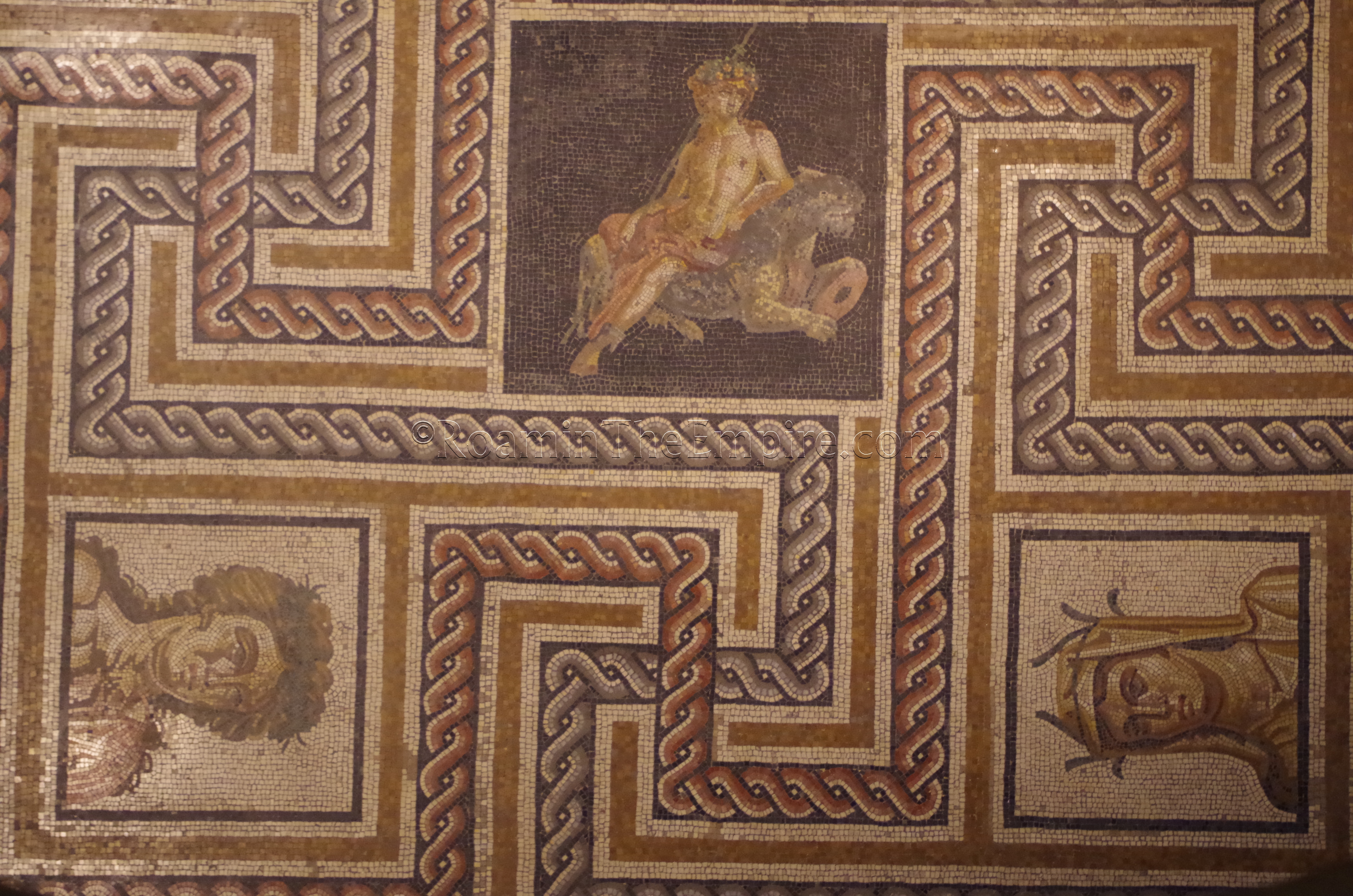 Detail of a mosaic depicting Dionysus and the personifications of Spring and Winter. Found in Lyon and displayed in the Musée Gallo-Romain de Lyon-Fourvière. Lugdunum.