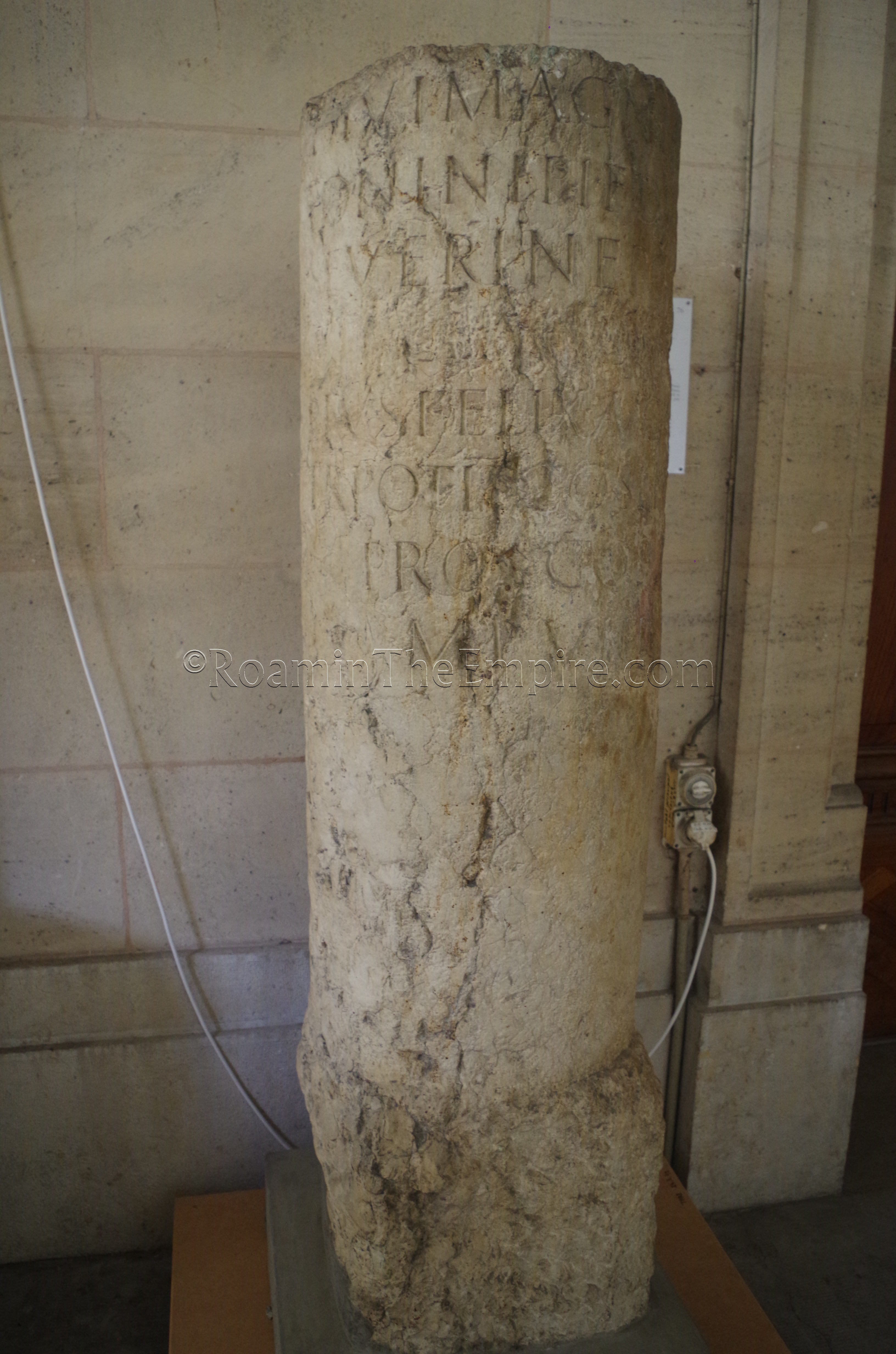 Milestone dated to 219 CE with the name of Elagabalus chiseled out in damnatio memoriae. Found near Nyon and displayed in the Musée d'Art et d'Histoire. Genava. Geneva.