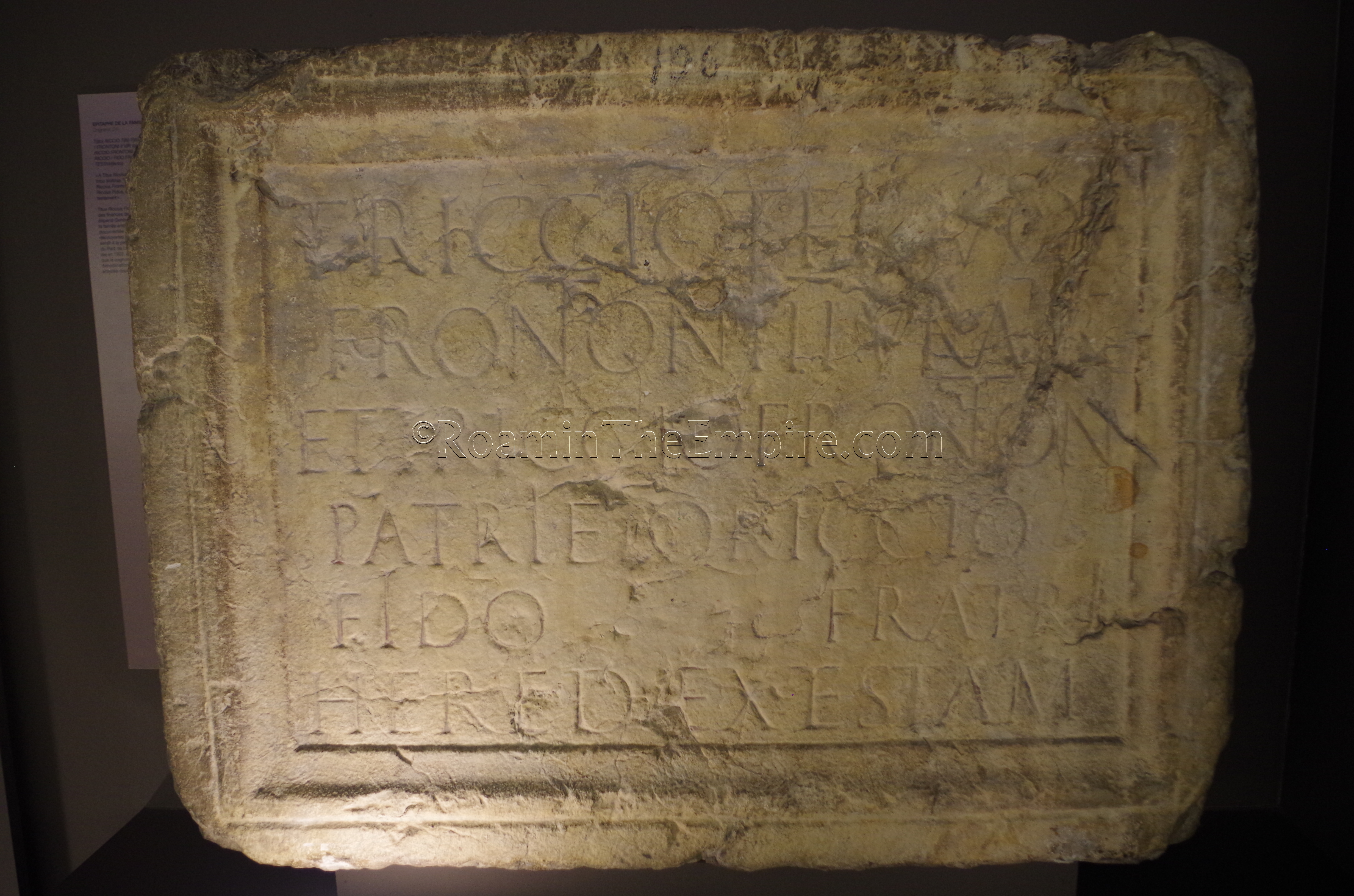 Funerary inscription from the family of Titus Riccius Fronto, displayed in the Musée d'Art et d'Histoire. Genava. Geneva.