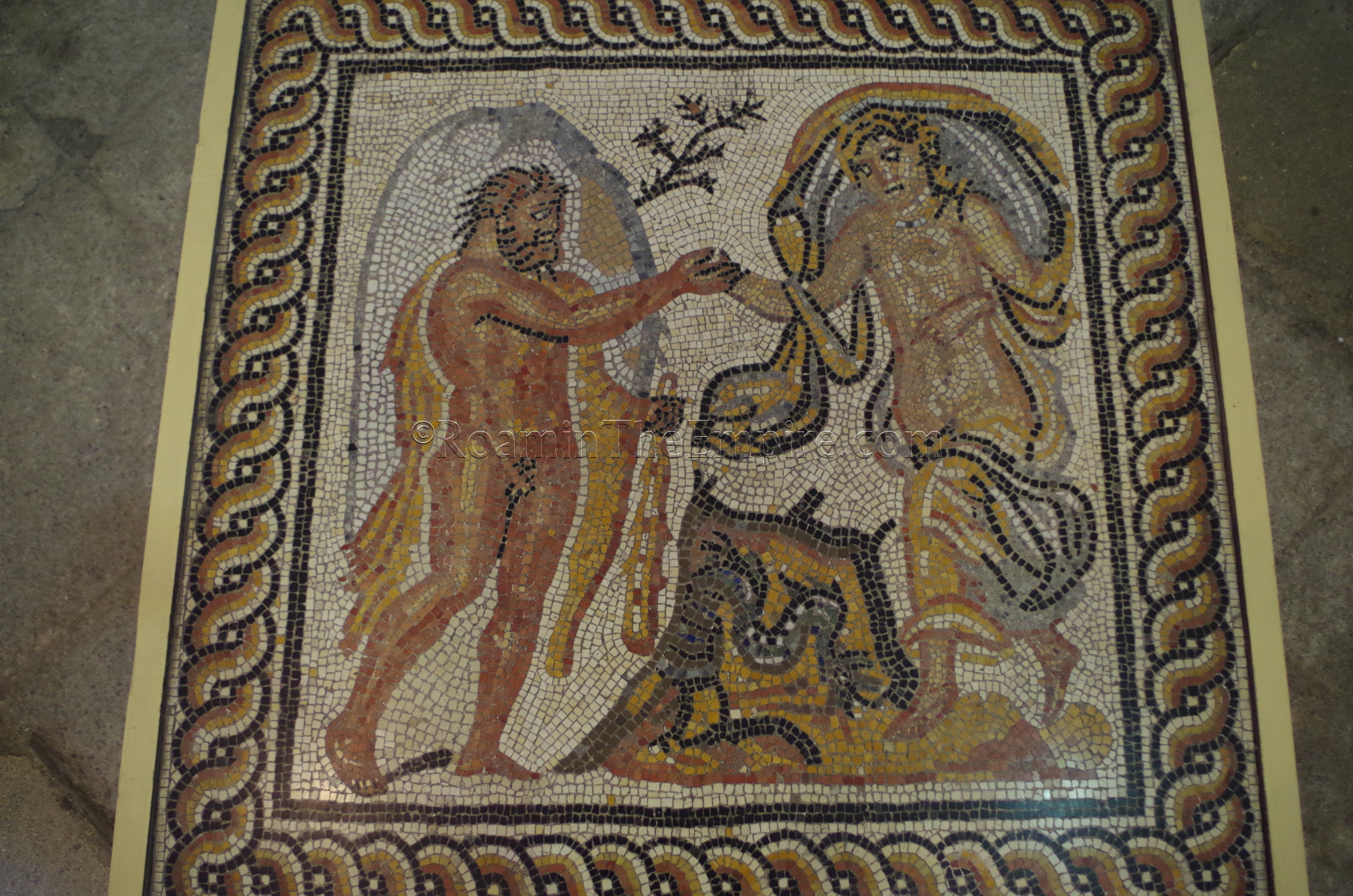 First century CE mosaic depicting Hercules and Hesione. Found in Saint-Paul-Trois-Châteaux and displayed in the Musée Lapidaire. Avennio. Avignon.