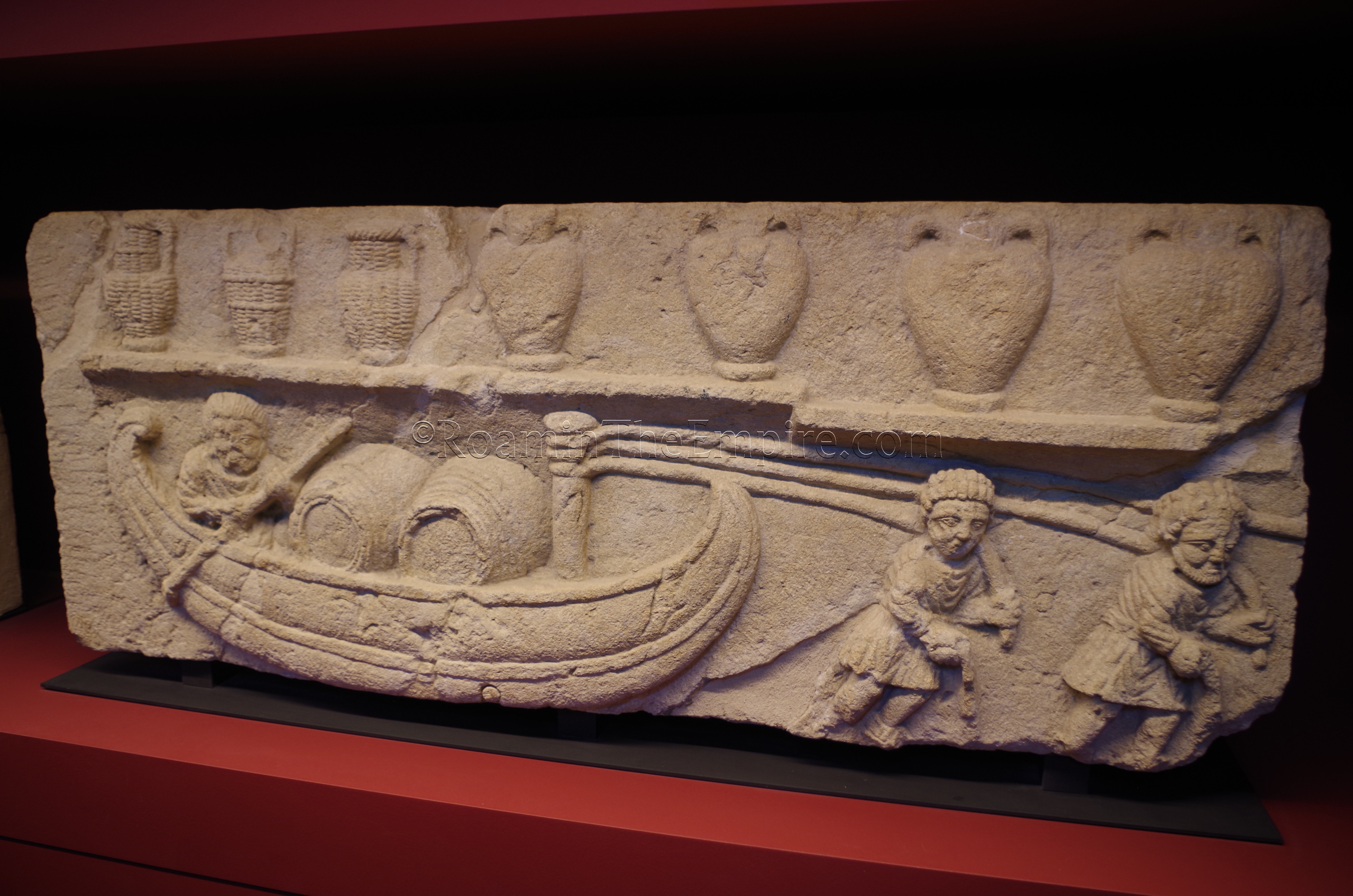 Fragment of a funerary monument depicting a barge being hauled, displayed in the Musée Lapidaire. Avennio. Avignon.