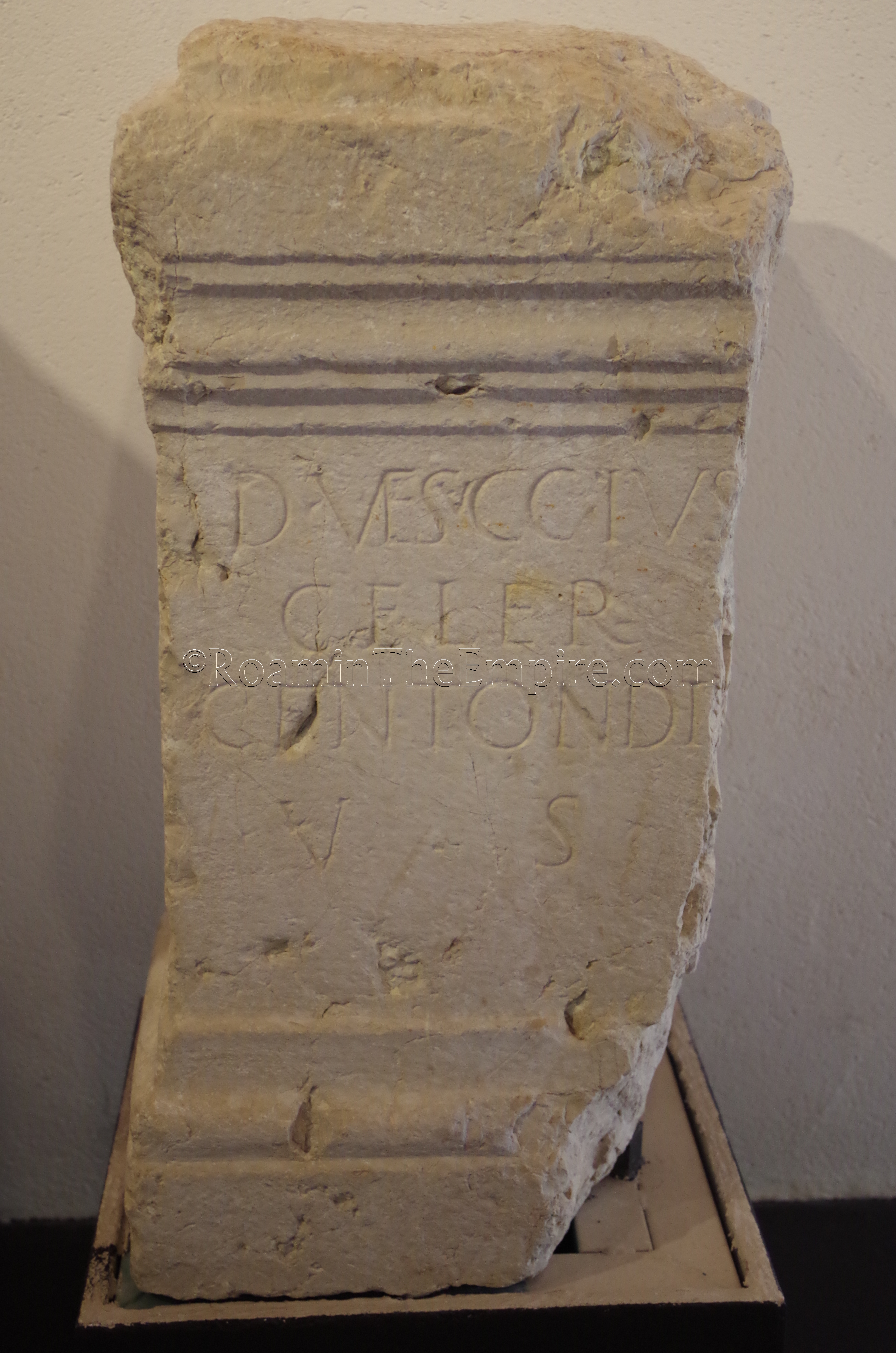 Altar dedicated to the Gallic deity Centondis by Decimius Vessucius Celer. Found in Nice and displayed in the Musée et Site Archeologique Nice Cemenelum.