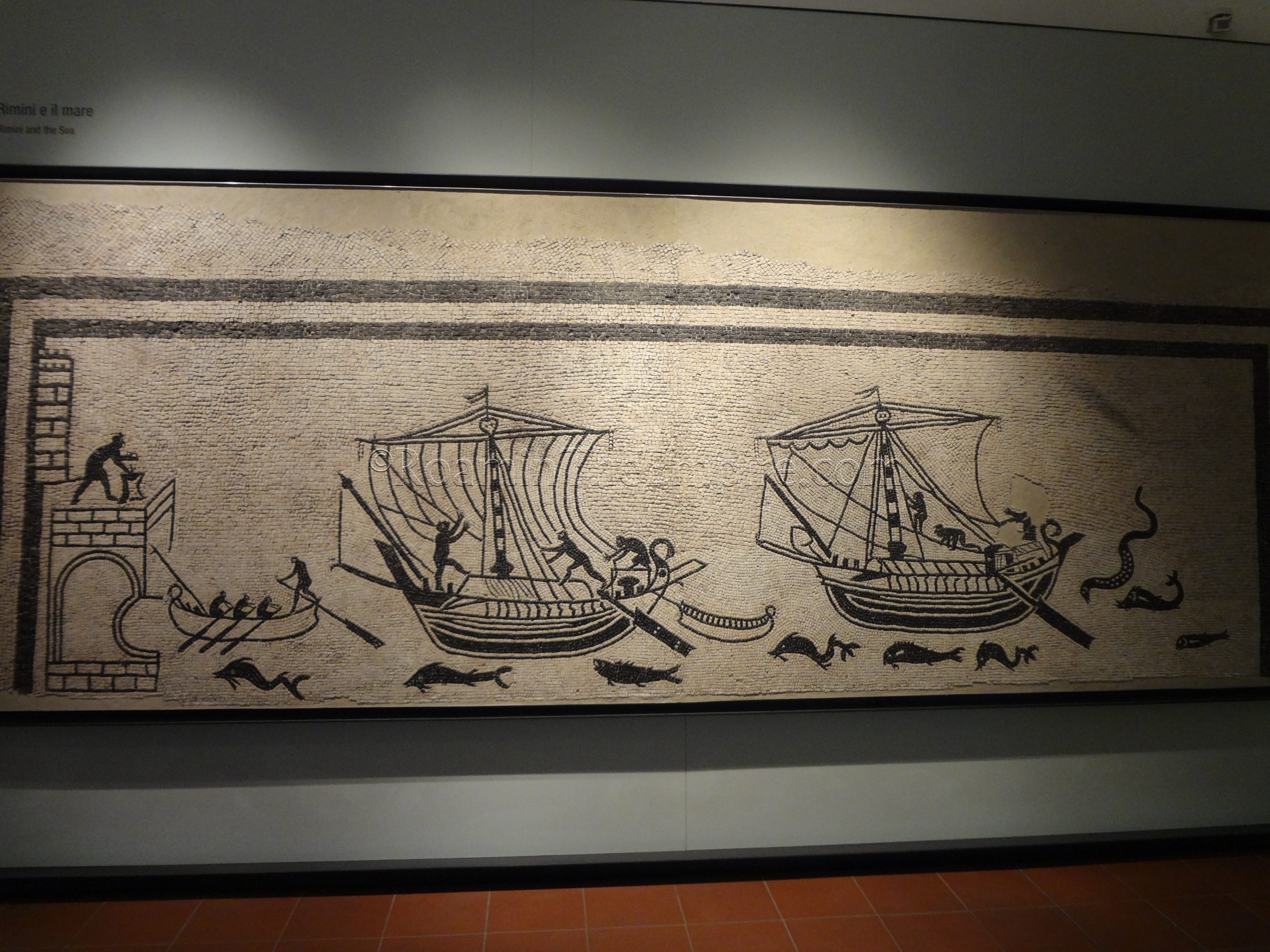Harbor mosaic in the Museo della Città. From the triclinium of a residence excavated at Palazzo Diotallevi. Dated to the middle of the 2nd century CE.