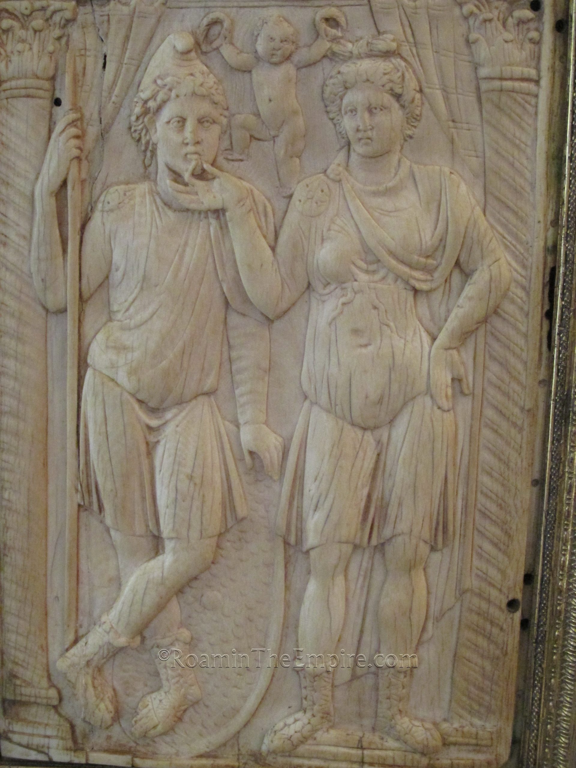 Detail of a 5th century CE ivory carving, probably of Endymion and Selene. Set in a bronze reliquary in the 15th century. Museo di Santa Giulia.