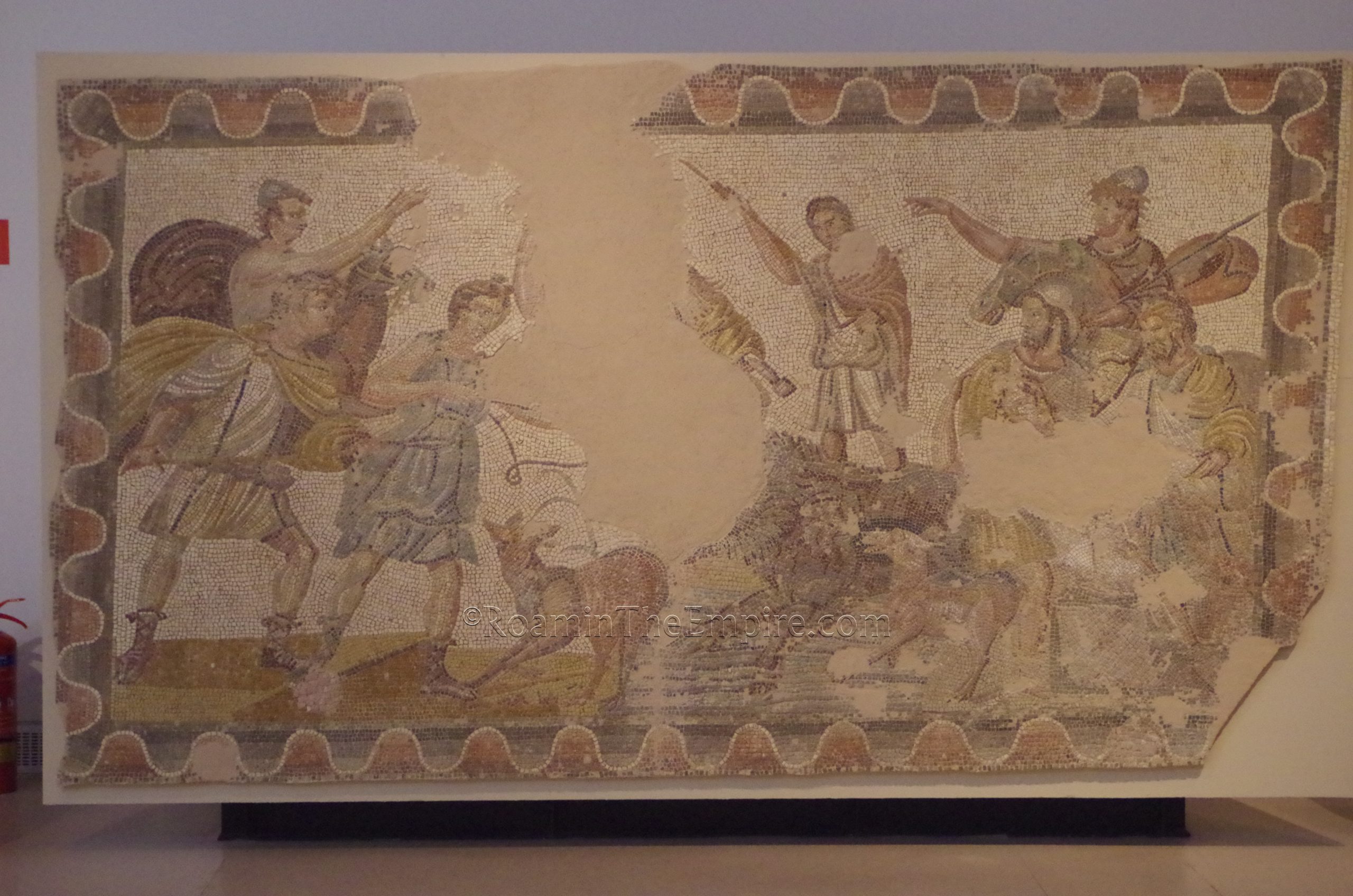 Mosaic depicting the Calydonian Boar Hunt. Dated to the 3rd century CE and found locally. Archaeological Museum of Patras.