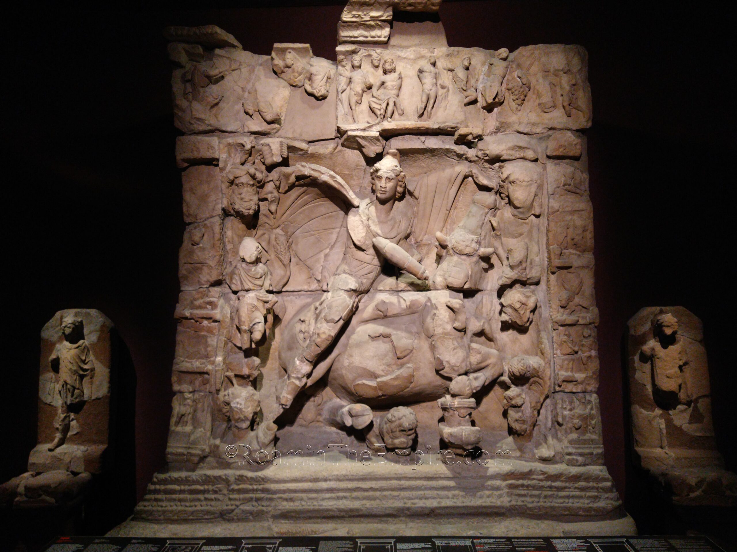 Limestone Mithraic tauroctony relief from Sarrebourg flanked by torchbearers. Musée de La Cour d'Or de Metz.