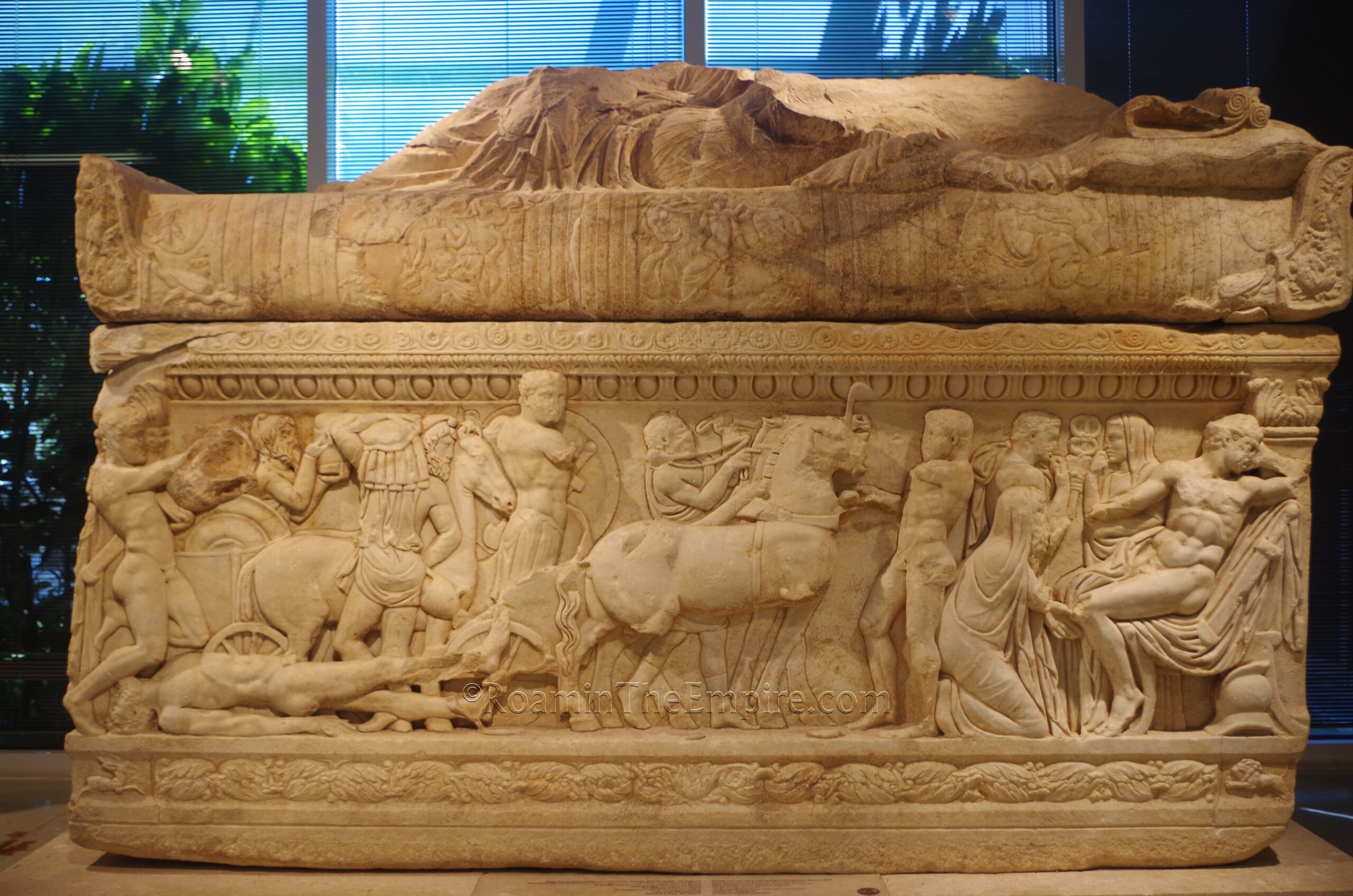 Marble sarcophagus from the 2nd century CE depicting the death of Hector. Found in Ladokhori. Archaeological Museum of Ioannina.