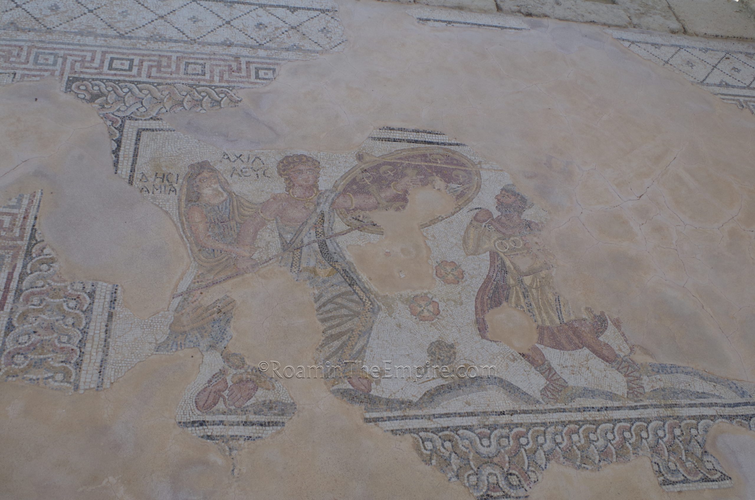 Mosaic from the House of Achilles depicting Achilles being discovered hiding as a woman by Odysseus at the court of Lycomedes on Skyros. Curium.