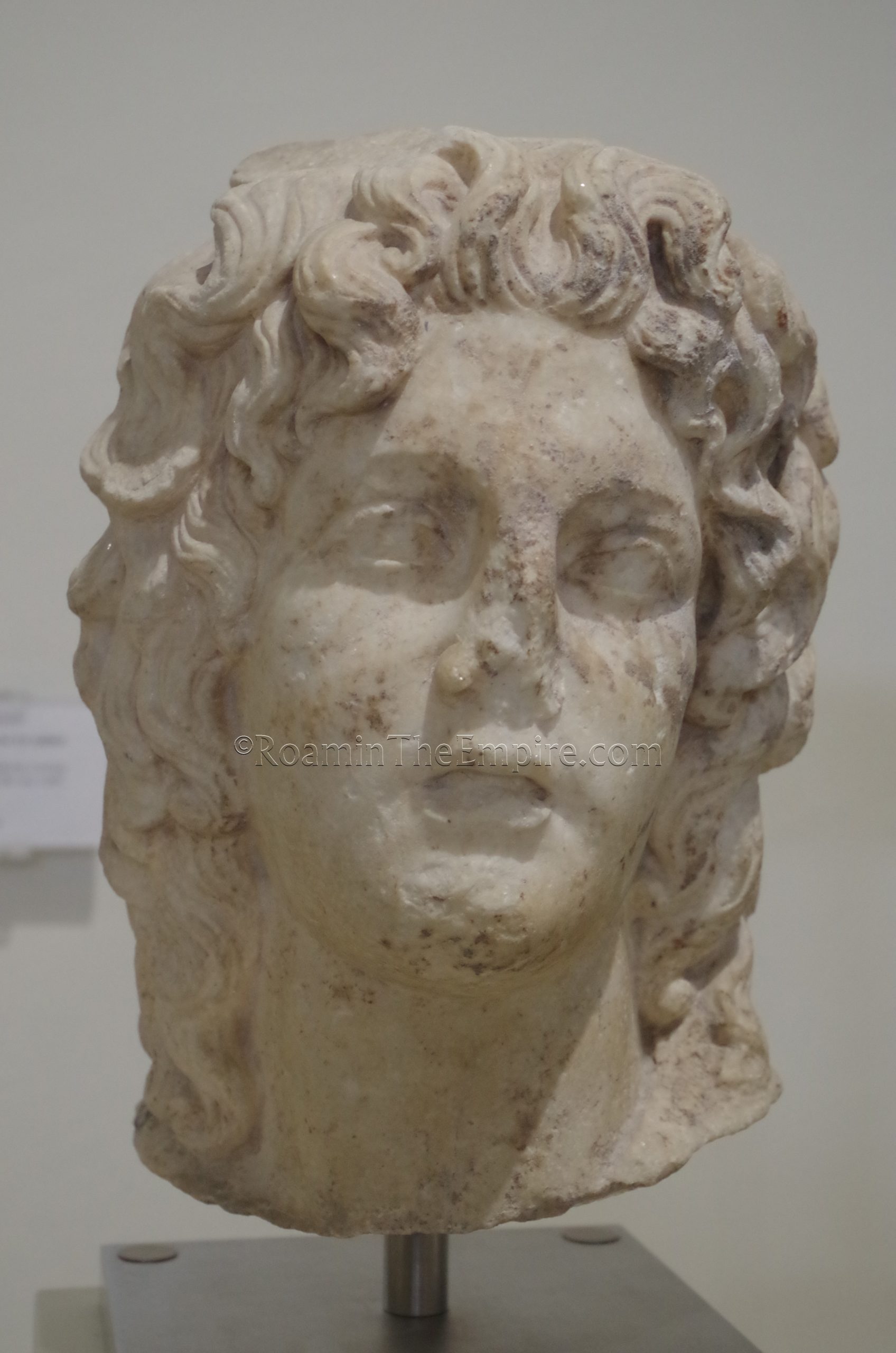 Head of a statue of the personification of the Vaphyras with the remains of a mural crown representing the city of Dium. Dated to the 2nd century CE. Archaeological Museum of Dion.