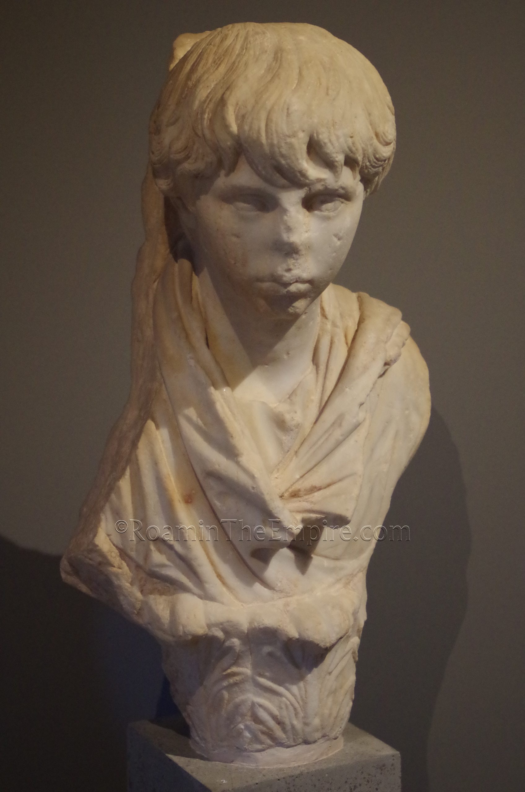 Bust of Polydeukeion, the favored pupil of Herodes Atticus who died at the age of 15. Dated to the 2nd century CE. New Archaeological Museum of Chalkis "Arethousa."
