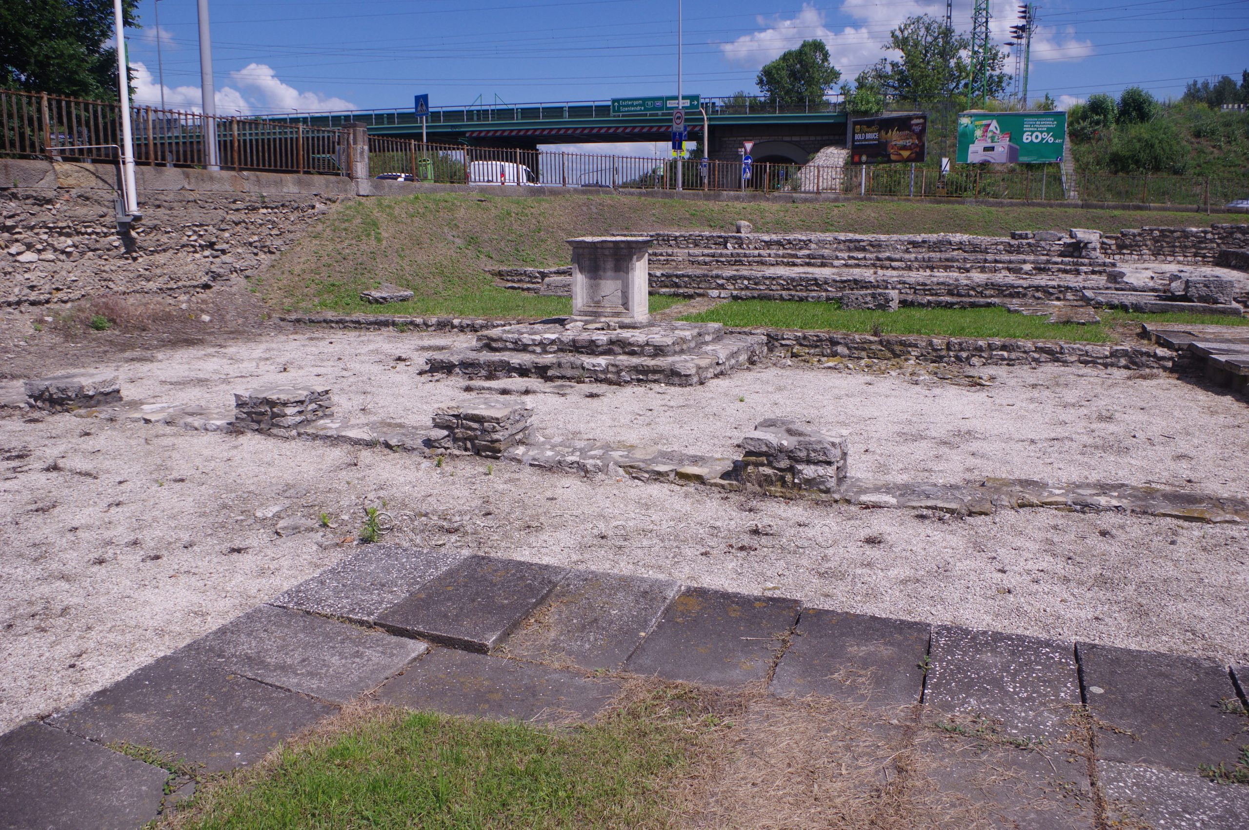 Area of the forum with altar and podium to the temple on the north side of the forum. Aquincum.