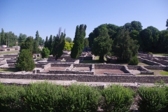 View from the south of the insula containing the Craftsmen's Houses, long houses (in the foreground) and the collegia buildings.