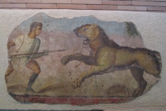 Painting depicting a hunt from the balustrade of the podium of the amphitheater. From the 1st century CE.