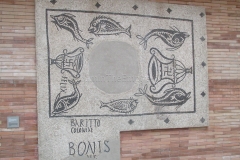 Mosaic of sea creatures with greetings. The 'Baritto' inscription is theorized to be the mosaicist. From the second century CE.