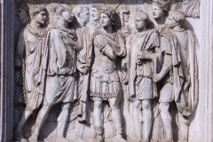 Detail from the Arch of Trajan of the upper left pier relief on the north side depicting Mars presenting a recruit to Trajan.