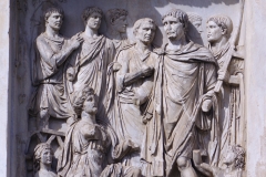 Detail from the Arch of Trajan of the right attic relief on the north side depicting the submission of Mesopotamia between personifications of the Tigris and Euphrates.