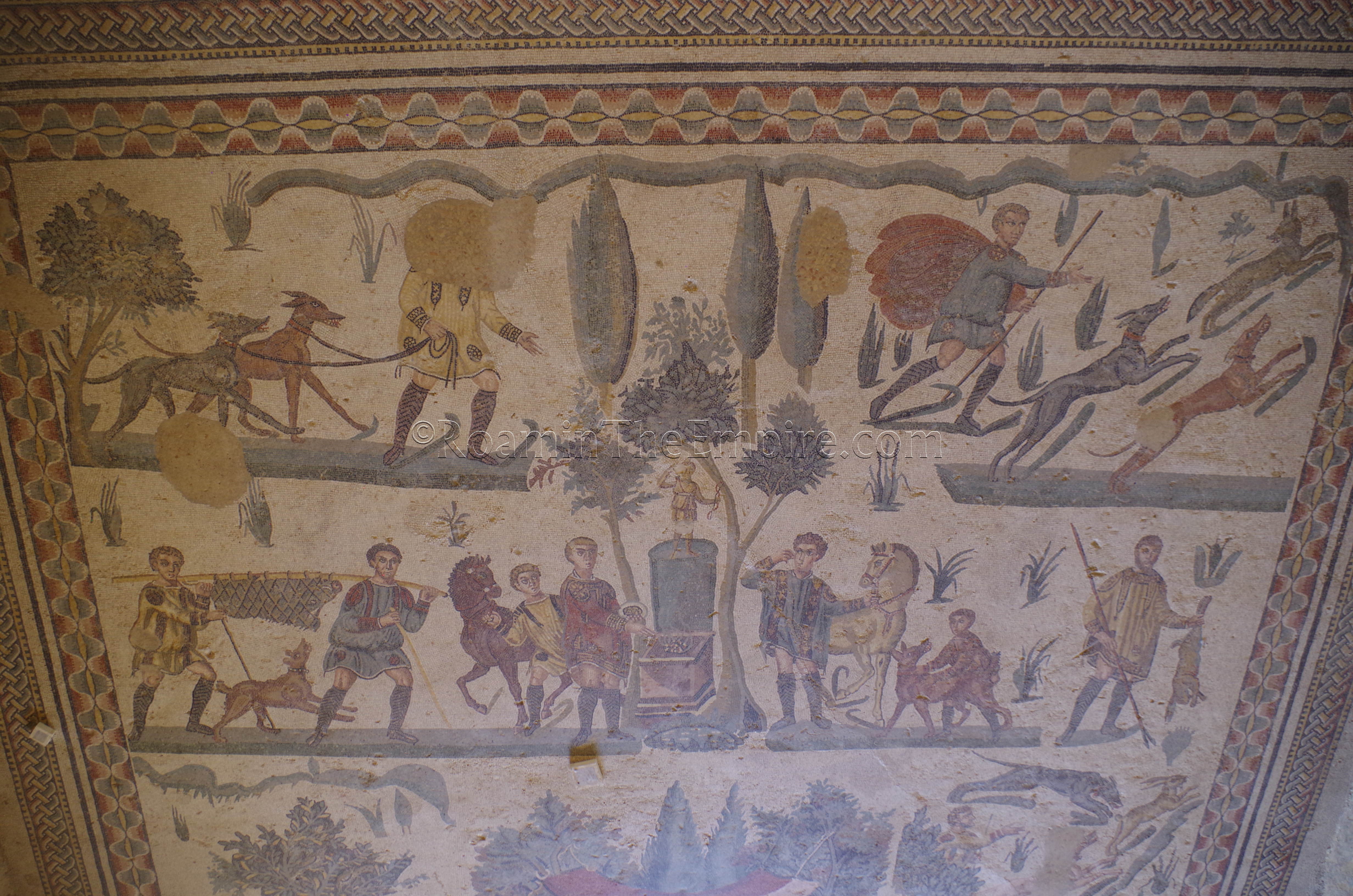 Detail from the top register of the Small Hunt mosaic depicting a scene of pastoral sacrifice to Diana.