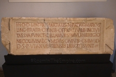 Inscription honoring the brothers Lucius Patricius Martialis and Lucius Patricius Marcus who financed the construction of the cella and vestibule of a temple in Vertillum (Vertault). Musée Archéologique de Dijon.