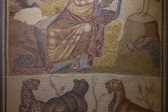 Mosaic Orpheus among the animals from the triclinium of the Casa de Orfeo. Dated to the 2nd century CE. Museo de Zaragoza.