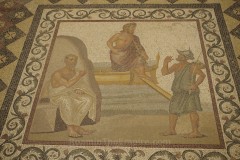 Mosaic of Asclepius arriving on Kos. He is greeted by a Koan while Hippocrates sits nearby. From the House of Asclpius at Serayia. Dated to the 2nd-3rd century CE. Archaeological Museum of Kos.