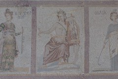 Detail of Apollo and four muses from the bottom panel of the Judgement of Paris mosaic.  From left to right; Clio, Euterpe, Apollo, Thalia, and Melopomene.