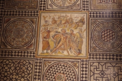 Detail of the central panel of a mosaic depicting a drunken Hercules following his drinking contest with Dionysus. From the room of a large house in Vienna (Vienne) and dated to the 2nd century CE.