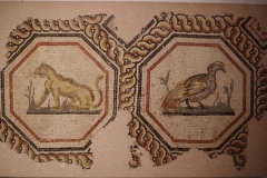 Mosaic depicting a feline and bird. Found at Saint-Romain-en-Gal.