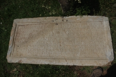 Dedication for a temple to Diana and Apollo at Scupi and the health of the emperor. Displayed on site at Scupi near the entrance.