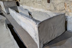 Lead sarcophagus with a chi rho relief. rheološki Muzej u Splitu.