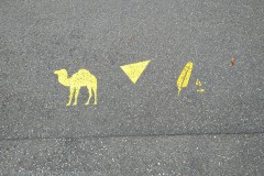 Pavement markings directing visitors between Roman monuments.